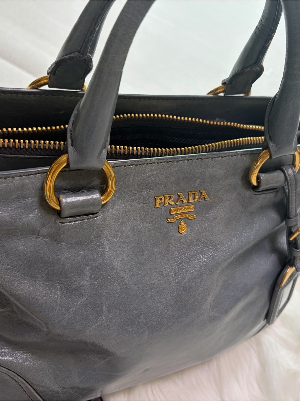 Prada Metallic Gray Leather Shoulder Bag with Gold Hardware - Picture 13 of 17